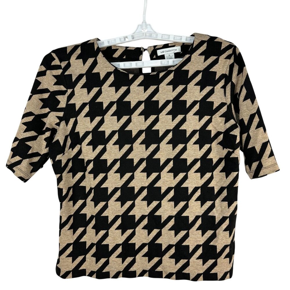 Liz Claiborne Womens Houndstooth Print Blouse XL Black Tan Short Sleeve Top